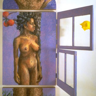 Mishikea (Tree), 98x72x30 inches, Handmade egg-oil tempera on panel, paper mâché, window