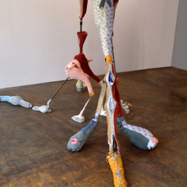 Great Blue Heron and Sandhill Crane, 2017, installation size variable. Blue Heron: 80x40x100 inches. Cotton cambric, latex, leather, concrete, plaster, iron pipe