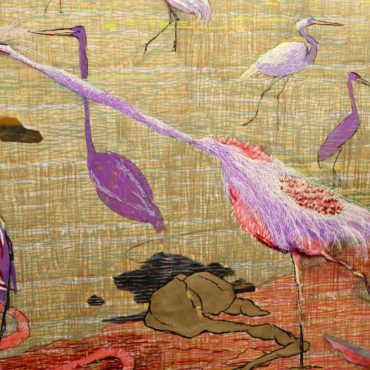 Estuary (snowy egrets) detail, 52x52 inches, mixed media on paper