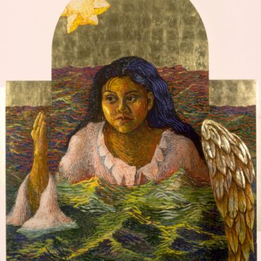 Ave (Luisa), 69x54x8 inches, Handmade egg-oil tempera on panel, white gold leaf, carved bass wood