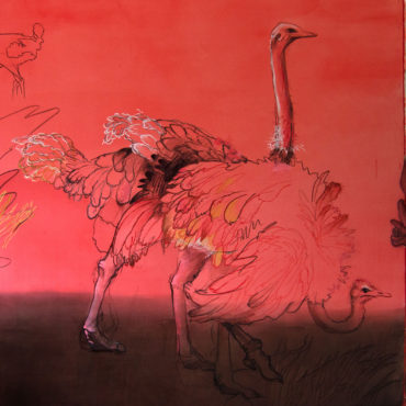Red Serengeti, detail. 102x142 inches, oil pastel, charcoal, stuffed velour, acrylic on canvas. 2018