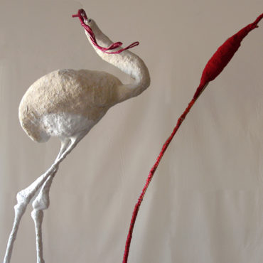 Sandhill Crane (detail), 72 x60 x25 inches, plaster, papier-mâché, rayon thread, flocking, rebars