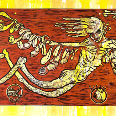 Girl . Angel . Harpy . Hawk, 67 x 36 in, reduction woodcut print on hand-painted paper