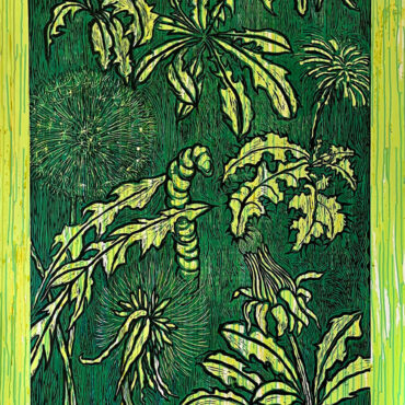 Dandelion Green, 67 x 36 in, reduction woodcut print on hand-painted paper