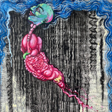 Krasue Blue, 32x22 inches, ink and collage on paper