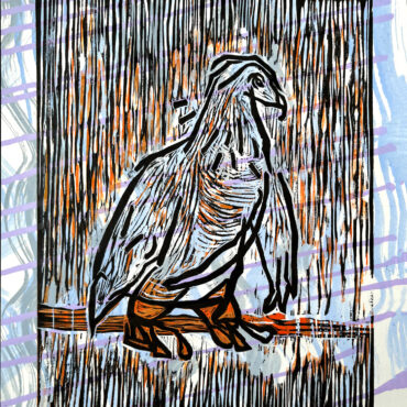 Slovenly 2, 10x12 inches. Woodcut reduction print. Oil-based ink on hand- painted archival paper