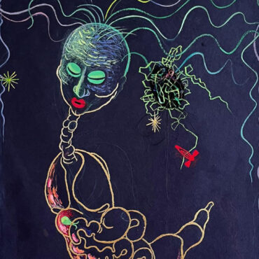 Krasue (rat's nest hair), 31x22 inches, ink, aluminum, thread on Thai Saa paper