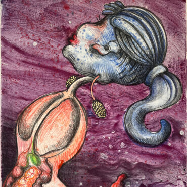 Krasue (Betty), 36x24 inches, watercolor monotype print with gold leaf on archival paper. Printed at Hoofprint.
